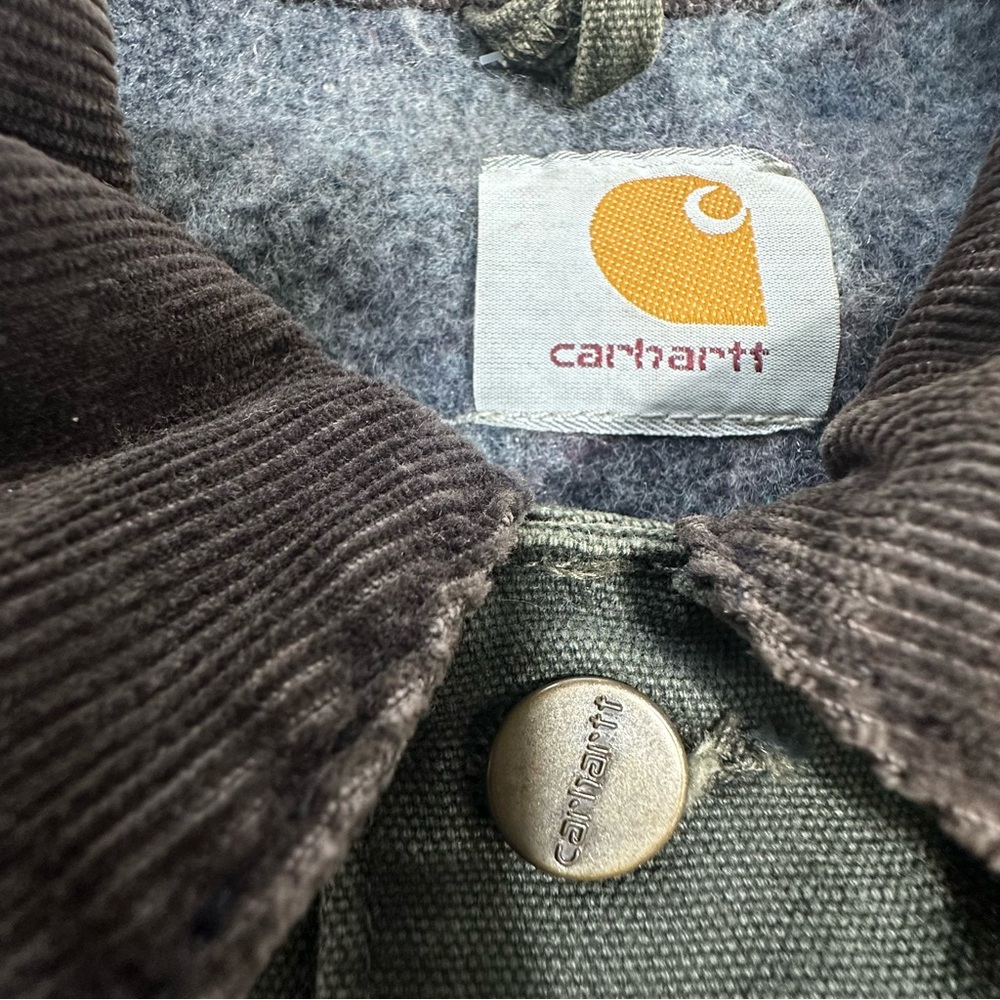 Vintage Carhartt Green Chore Jacket Blanket Lined Workwear Coat Brown Collar XL - Picture 12 of 16